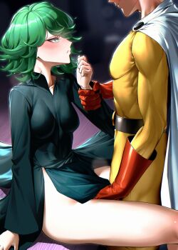 Rule 34 | 1boy, 1girl, black dress, blush, bodysuit, breasts, cape, closed mouth, curly hair, dress, from side, gloves, green eyes, green hair, holding another's wrist, long sleeves, muscular, muscular male, no panties, one-punch man, red gloves, saitama (one-punch man), short hair, small breasts, tamamoice, tatsumaki, white cape, yellow bodysuit