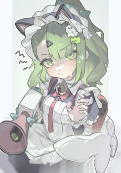 1girl 2ho absurdres animal_ear_hairband animal_ears bell black_dress border breasts cat_ear_hairband cat_ears closed_mouth commentary dress fake_animal_ears green_background green_eyes green_hair hair_ornament hairband heart heart_hair_ornament highres holding holding_megaphone looking_at_viewer maid maid_headdress megaphone multiple_hair_clips neck_bell necktie official_alternate_costume ponytail red_bag red_necktie small_breasts solo sparkling_eyes sunna_(afternoon_tea_break)_(zenless_zone_zero) sunna_(zenless_zone_zero) sweat symbol-only_commentary upper_body white_border white_wings winged_bag wings zenless_zone_zero