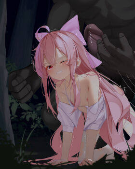 1boy 1girl absurdres all_fours ass_smack bow bra clenched_teeth commission dungeon_and_fighter flat_chest forest hair_bow highres large_penis lingdu_kejian_zhu long_hair minotaur nature off_shoulder one_eye_closed open_clothes open_shirt pain penis pink_hair red_eyes shirt size_difference slap_mark slapping tears teeth thighhighs torn_clothes torn_thighhighs tree underwear very_long_hair white_bra white_shirt white_thighhighs