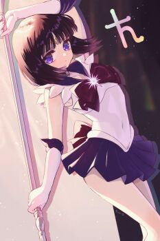 1girl armpits back_bow bishoujo_senshi_sailor_moon black_hair blunt_bangs bow bowtie brooch choker circlet commentary earrings elbow_gloves gem gloves highres jewelry miniskirt pleated_skirt purple_bow purple_bowtie purple_choker purple_eyes purple_gemstone purple_sailor_collar purple_skirt sailor_collar sailor_saturn saturn_symbol shirt short_hair short_sleeves silence_glaive skirt sleeveless sleeveless_shirt solo star_(symbol) star_choker star_ornament symbol-only_commentary tomoe_hotaru white_gloves white_shirt yyemoyy