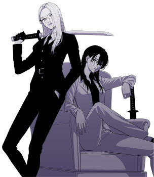 absurdres arm_rest armchair belt chair closed_mouth collared_shirt commentary_request feet_out_of_frame figure_four_sitting formal_clothes glasses greyscale hand_in_pocket hand_up highres holding holding_sword holding_weapon jacket lips long_hair long_sleeves looking_at_viewer monochrome mugennitaberu necktie on_chair open_clothes open_jacket original pants parted_lips planted planted_sword planted_weapon rectangular_eyewear rimless_eyewear sheath sheathed shirt simple_background sitting standing suit suit_jacket sword weapon white_background wing_collar