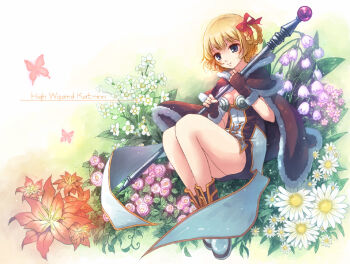 blonde_hair blue_eyes boots braid bug butterfly cape character_name daisy_(flower) dress fingerless_gloves flower gloves green_background high_wizard_(ragnarok_online) insect kathryne_keyron ragnarok_online rose simple_background sitting snowbell_(flower) solo staff two-tone_dress white_boots yakka