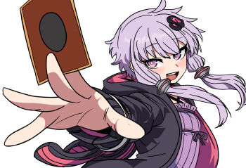 1girl absurdres ahoge animal_hood blush card commentary criss-cross_halter dress foreshortening hair_ornament halter_dress halterneck highres hmzeus holding holding_card hood hood_down hoodie long_hair long_sleeves looking_at_viewer open_clothes open_hoodie open_mouth purple_dress purple_eyes purple_hair rabbit_hood short_hair_with_long_locks sidelocks simple_background smile solo vocaloid voiceroid white_background yu-gi-oh! yuzuki_yukari