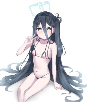 1girl absurdly_long_hair absurdres aris_(blue_archive) black_hair blue_archive breasts collarbone cupless_bikini hair_between_eyes halo highres inverted_nipples light_smile loli long_hair long_hair_between_eyes looking_at_viewer navel nipples paiki rectangular_halo side_ponytail small_breasts solo v very_long_hair white_background