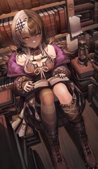 1girl absurdres against_bookshelf black_boots black_choker black_coat black_eyeliner black_hair black_nails black_thighhighs book book_stack bookshelf boots breasts chest_belt choker cleavage coat dress eyelashes eyeliner fishnet_socks fishnets fur-trimmed_coat fur_trim hair_ornament highres holding holding_book hololive hololive_english lace lace-up_boots lace_choker lantern large_breasts long_hair long_sleeves looking_at_viewer makeup mcking multicolored_hair nail_polish on_floor open_book open_clothes open_coat paper scroll shaded_face shiori_novella shiori_novella_(1st_costume) single_fishnet_legwear sitting sleeveless sleeveless_dress socks solo split-color_hair striped_clothes striped_thighhighs sweatdrop tape thighhighs two-tone_hair virtual_youtuber white_hair white_thighhighs wooden_floor yellow_eyes