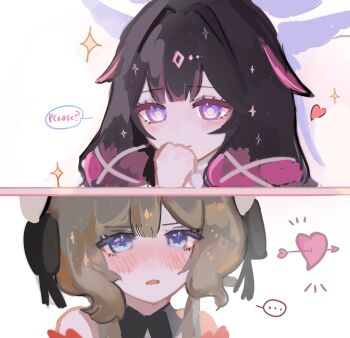 2girls arrow_through_heart black_bow black_collar black_hair blue_eyes bow brown_hair closed_eyes closed_mouth collar columbina_(genshin_impact) commentary detached_collar genshin_impact hair_ornament head_wings heart highres long_hair multicolored_hair multiple_girls multiple_wings portrait purple_eyes purple_hair purple_streaks ribbon sandrone_(genshin_impact) simple_background smile streaked_hair two-tone_hair untranslatable_commentary very_long_hair white_background white_wings wing_hair_ornament wings yufiyuuuuyuyu yuri