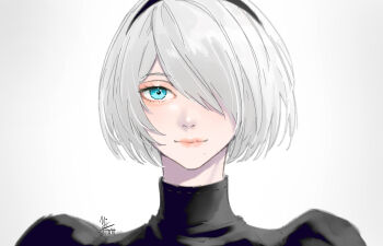 1girl 2b_(nier:automata) absurdres black_hairband blue_eyes closed_mouth commentary hair_over_one_eye hairband highres looking_at_viewer mistxii mole mole_under_mouth nier:automata nier_(series) portrait short_hair simple_background solo white_background white_hair