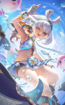 1girl :d bare_shoulders blue_hairband blush braid breasts commentary dark_skin fingerless_gloves genshin_impact gloves hairband highres koholasaurus_(genshin_impact) long_hair mixed-language_commentary mualani_(genshin_impact) one_eye_closed open_mouth red_eyes smile twin_braids valtear white_hair