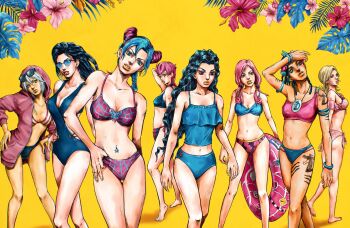 6+girls alternate_costume araki_hirohiko_(style) battle_tendency bikini black_hair blonde_hair blue-tinted_eyewear blue_bikini blue_eyes blue_hair bracelet braid breasts brown_eyes butterfly_ornament cleavage commentary cone_hair_bun diamond_wa_kudakenai double_bun dragona_joestar dreadlocks english_commentary eyewear_on_head floral_print flower grey_hair hair_bobbles hair_bun hair_ornament hibiscus highres hirose_yasuho hood hood_up hoodie in-franchise_crossover innertube jewelry jojo_no_kimyou_na_bouken jojolion kaib0y kuujou_jolyne leg_tattoo lisa_lisa long_hair lucy_steel mariah_(jojo) medium_breasts midriff multiple_girls navel navel_piercing one-piece_swimsuit piercing pink_bikini pink_hair pink_hoodie plaid_bikini plaid_clothes short_hair side-tie_bikini_bottom spider_web_print stardust_crusaders steel_ball_run stone_ocean sunglasses swim_ring swimsuit tattoo the_jojolands tinted_eyewear trish_una vento_aureo yamagishi_yukako yellow_background yellow_eyes yellow_lips