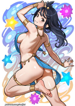 1girl ancient_egyptian_clothes armlet ass back bare_back black_hair breasts brown_eyes commentary english_commentary from_behind highres jewelry lida_(pokemon) long_hair looking_at_viewer medium_breasts nintendo pokemon pokemon_legends:_z-a redjet soles solo standing standing_on_one_leg toes