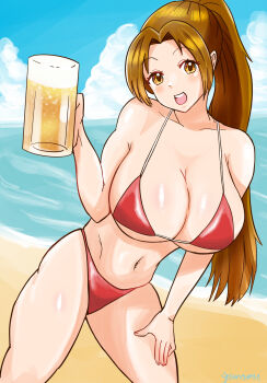 1girl alcohol beach beer bikini breasts fatal_fury gunsou huge_breasts long_hair ocean shiranui_mai swimsuit