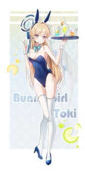 1girl absurdres animal_ear_hairband animal_ears bare_arms bare_shoulders blonde_hair blue_archive blue_bow blue_eyes blue_hairband blue_halo blue_leotard blue_shoes blush bow braid breasts closed_mouth detached_collar drink earpiece fake_animal_ears fake_tail hair_bow hairband half_up_braid halo high_heels highleg highleg_leotard highres holding holding_tray large_breasts leotard long_hair looking_at_viewer lovelykirby_125 microphone playboy_bunny rabbit_ear_hairband rabbit_ears rabbit_tail shoes solo strapless strapless_leotard tail thighhighs toki_(blue_archive) toki_(bunny)_(blue_archive) tray v white_thighhighs wrist_cuffs