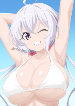 1girl ahoge alternate_breast_size_(larger) arm_behind_head armpits bikini blue_background breasts cleavage eyebrows_hidden_by_hair hair_between_eyes hair_ornament hair_scrunchie highres large_breasts long_hair one_eye_closed open_mouth philip98267134 purple_eyes scrunchie senki_zesshou_symphogear simple_background skindentation smile solo swimsuit teeth upper_body very_long_hair white_bikini yukine_chris