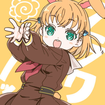 Rule 34 | 1girl, :d, animal ears, brown dress, catchphrase, clothing cutout, commentary request, dress, flower hands, green eyes, hair ornament, hanamaru, hasu no sora school uniform, hinoshita kaho, kemonomimi mode, link! like! love live!, long sleeves, looking at viewer, love live!, neckerchief, open mouth, orange hair, pleated dress, rabbit ears, rabbit girl, rabbit hair ornament, rabbit tail, red neckerchief, sailor collar, sailor dress, school uniform, shinanoya (satanicad), smile, solo, tail, tail through clothes, text background, two side up, virtual youtuber, white sailor collar, winter uniform, yellow background