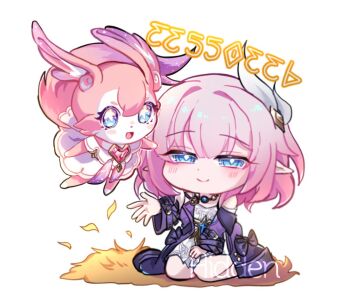 1girl blue_eyes chibi chibi_only coat commentary_request cyrene_(aedes_elysiae)_(honkai:_star_rail) cyrene_(honkai:_star_rail) dduehddueh dress hair_ornament honkai:_star_rail honkai_(series) jewelry korean_commentary mem_(honkai:_star_rail) necklace pink_hair pointy_ears purple_coat short_hair simple_background sitting smile wariza white_background white_dress