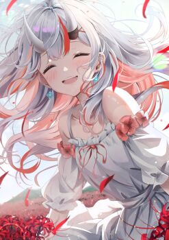 1girl aizawa_(aizawatsu) alternate_costume blush closed_eyes colored_inner_hair commentary dress flower gradient_hair grey_hair hair_ornament highres hololive horns long_hair multicolored_hair nakiri_ayame oni open_mouth red_flower red_hair skin-covered_horns smile solo spider_lily streaked_hair teeth upper_teeth_only very_long_hair virtual_youtuber white_dress x_hair_ornament