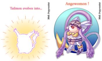 absurdres angewomon belt digimon evolution fusion gen_1_pokemon highres holy_ring nintendo open_mouth pikachu pokemon raichu tail tailmon tongue wings
