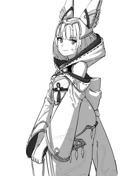 1girl animal_ear_fluff animal_ears cat_ears cat_girl chin_bell closed_mouth commentary_request eyelashes greyscale highres monochrome nia_(xenoblade) robe simple_background smile solo standing tassel white_background xenoblade_chronicles_(series) xenoblade_chronicles_3