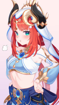 1girl aqua_eyes blue_gemstone blue_skirt blush breasts brooch dancer ewaaawa fake_horns gem genshin_impact gold_trim grey_background hands_on_own_hips harem_outfit highres horns jewelry long_hair long_sleeves looking_at_viewer low_twintails medium_breasts midriff nilou_(genshin_impact) pout puff_of_air puffy_long_sleeves puffy_sleeves red_hair sidelocks simple_background skirt solo twintails upper_body veil white_veil
