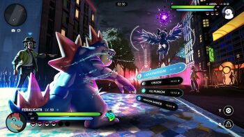 1boy 1girl absol alligator battle black_hat black_pants building character_name cloud cloudy_sky coat countdown_timer crocodilian crowd cursor dappled_moonlight eiffel_tower english_text faceless faceless_female faceless_male facing_another fake_screenshot feathered_wings feraligatr gameplay_ability gameplay_mechanics gen_2_pokemon gen_3_pokemon glowing green_coat harmony_(pokemon) hat heads-up_display health_bar highres lamppost light_particles looking_at_another map map_pin mega_absol mega_evolution_symbol mega_pokemon midair moewndr moonlight night night_sky nintendo open_clothes open_coat outdoors outstretched_arm outstretched_arms pants paxton_(pokemon) pointing poke_ball pokemon pokemon_(creature) pokemon_focus pokemon_legends:_z-a pokemon_move profile_picture road shirt sky sleeves_rolled_up street tree trilby user_interface water white_shirt white_wings wind wings