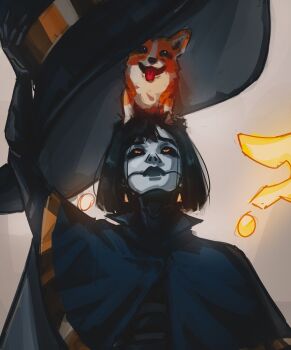 Rule 34 | 1girl, ?, absurdres, animal, animal on head, black hair, black sclera, blue capelet, capelet, closed mouth, colored sclera, colored skin, commentary, dog, english commentary, grey skin, highres, looking at animal, looking up, on head, orange eyes, original, parted bangs, short hair, solo, titanartx, tongue, tongue out, upper body, welsh corgi