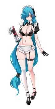 1girl absurdres apron bare_hips bikini blue_hair borrowed_character bottle breasts cleavage cup dogs_(dlrkdejr26) drinking_glass full_body gloves green_eyes hair_over_one_eye half_gloves highres large_breasts long_bangs long_hair looking_at_viewer maid maid_bikini midriff navel original short_sleeves shrug_(clothing) solo stomach swimsuit tachi-e unconventional_maid very_long_hair waist_apron wine_bottle wine_glass