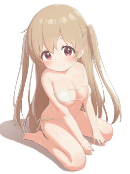 1girl areola_slip bare_shoulders bikini blush breasts cleavage collarbone eyepatch_bikini female_focus full_body highres kneeling large_breasts light_brown_hair looking_at_viewer matanukinuki minagi_koharu navel red_eyes simple_background slow_loop smile solo swimsuit two_side_up white_background white_bikini