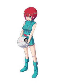 1girl amate_yuzuriha boots breasts commentary_request cosplay dress full_body gloves green_boots green_dress green_eyes gundam gundam_gquuuuuux haro large_breasts moke_ro red_hair short_hair sleeveless sleeveless_dress smile solo standing white_gloves zeta_gundam
