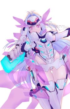 Rule 34 | 1girl, armor, breasts, cowboy shot, energy wings, fynn2483, grey hair, headgear, highres, kos-mos, kos-mos re:, large breasts, leotard, long hair, purple eyes, simple background, solo, white armor, white background, white leotard, xenoblade chronicles (series), xenoblade chronicles 2, xenosaga