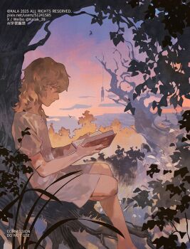 Rule 34 | 1boy, 1other, against tree, aged down, blonde hair, blue eyes, book, closed mouth, commentary request, commission, death, from side, gradient sky, grass, hair between eyes, hanged, holding, holding book, kalak 39, leaf, looking at object, louis (metaphor: refantazio), male focus, medium hair, metaphor: refantazio, open book, orange sky, outdoors, pixiv id, profile, purple sky, reading, shirt, short sleeves, shorts, simple bird, sitting, sky, solo focus, spoilers, tree, twitter username, weibo username, white shirt, white shorts