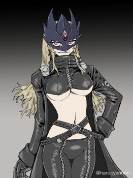 1girl beelstarmon belt black_gloves blonde_hair breasts cropped_jacket digimon digimon_(creature) fang female_focus gloves hand_on_own_hip haruchan highres jacket large_breasts leather leather_jacket leather_pants long_hair mask navel pants purple_eyes simple_background smile third_eye underboob