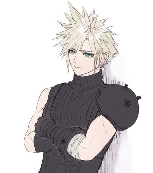 1boy ah_yoshimizu armor black_gloves blonde_hair blue_eyes cloud_strife commentary_request crossed_arms earrings final_fantasy final_fantasy_vii final_fantasy_vii_remake gloves highres jewelry light_blush male_focus ribbed_sweater shoulder_armor single_bare_shoulder sleeveless sleeveless_turtleneck solo spiked_hair stud_earrings sweater turtleneck turtleneck_sweater upper_body white_background