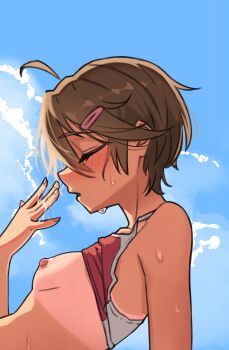 1girl ahoge arm_support bare_shoulders bikini blue_sky blush breasts brown_hair closed_eyes cloud commentary cumulonimbus_cloud day english_commentary eyelashes from_side hair_ornament hairclip highres kyoko_(madaotheory) leaning_back madaotheory nipples nose_blush original outdoors parted_lips profile pussy_juice pussy_juice_on_fingers pussy_juice_trail red_bikini short_hair sky small_breasts solo sweat swimsuit tan tanline upper_body very_sweaty white_trim