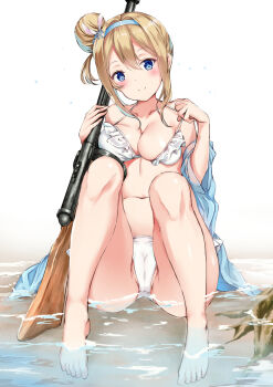 1girl ass bare_shoulders barefoot bikini blonde_hair blue_eyes blush bra breasts cameltoe cleavage collarbone feet female_focus frilled_bikini frilled_bra frills girls'_frontline hair_between_eyes hair_bun hairband head_tilt highres holding holding_weapon in_water large_breasts legs liquid looking_at_viewer medium_breasts medium_hair navel no_shoes no_socks panties shiny_skin sitting smile solo suomi_(girls'_frontline) swimsuit thighs toes underwear water weapon white_bikini white_bra white_panties yukishiro_arte