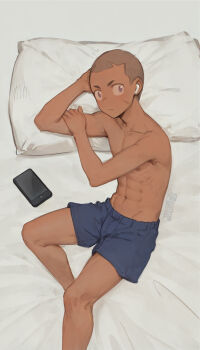 1boy airpods blue_shorts buzz_cut dark-skinned_male dark_skin lying male_focus original phone pillow ryou_hiryuu scar scar_on_face shaved_head shorts solo toned toned_male very_short_hair wireless_earphones