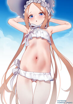 1girl :o abigail_williams_(fate) abigail_williams_(swimsuit_foreigner)_(fate) abigail_williams_(swimsuit_foreigner)_(third_ascension)_(fate) armpits arms_behind_head arms_up bare_shoulders bikini blonde_hair blue_eyes blue_sky blush bonnet bow bowtie breasts cameltoe fate/grand_order fate_(series) forehead gluteal_fold highres kani_fish loli long_hair looking_at_viewer microskirt navel open_mouth parted_bangs side-tie_bikini_bottom sidelocks skirt sky small_breasts solo swimsuit thighs twintails very_long_hair white_bikini white_bow