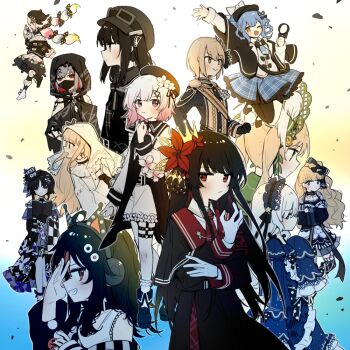 6+girls beret black_capelet black_hair black_hat black_jacket blonde_hair blue_dress blue_eyes braid braided_hair_rings capelet chinese_commentary closed_mouth commentary_request cross cross_earrings deerstalker dress earrings epaulettes everyone floating_hair flower frilled_dress frills gothic_lolita gradient_hair grin hair_flower hair_ornament hair_over_one_eye hair_rings hairband hasumi_leia hat hikami_meruru housho_margo inuko_(ink0425) jacket jewelry jogasaki_noah jumping kurobe_nanoka lolita_fashion lolita_hairband long_hair long_sleeves looking_at_viewer looking_to_the_side mahou_shoujo_no_majo_saiban multicolored_hair multiple_girls natsume_an-an nikaido_hiro o-ring o-ring_thigh_strap open_mouth pink_eyes pink_hair profile red_eyes red_flower saeki_miria sakuraba_ema sash sawatari_coco shito_alisa short_hair shoulder_sash smile standing tachibana_sherry thigh_strap tono_hanna veil white_background white_dress white_flower white_hair white_veil x_hair_ornament yellow_eyes