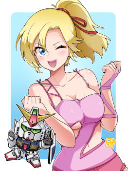 1girl armor bare_shoulders blonde_hair blue_eyes bowieknife breasts breasts_squeezed_together camisole chibi chibi_inset cleavage clenched_hands clothing_cutout commentary_request elle_vianno gundam gundam_mk_ii gundam_zz hands_up highres large_breasts light_blush looking_at_viewer mobile_suit navel navel_cutout one_eye_closed open_mouth pink_camisole pink_shorts ponytail sd_gundam short_shorts shorts side_cutout smile spaghetti_strap upper_body v v-fin white_armor