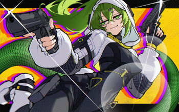 :3 arknights arknights:_endfield black_bodysuit bodysuit breasts commentary covered_navel dryegen dual_wielding fingerless_gloves fluorite_(arknights) glint gloves green_eyes green_hair gun hair_between_eyes hair_ornament hairclip highres holding holding_gun holding_weapon hooded_shrug impossible_bodysuit impossible_clothes letterboxed long_hair medium_breasts outside_border shoes shrug_(clothing) snake_tail symbol-only_commentary tail weapon white_gloves white_shoes white_shrug