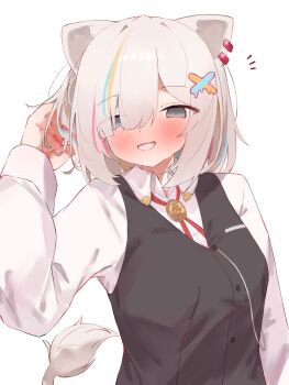Rule 34 | 1girl, absurdres, animal ears, blonde streaks, blue streaks, blush, closed mouth, collared shirt, commentary request, grey eyes, grey hair, hair ornament, hair over one eye, highres, hololive, lion ears, lion girl, lion tail, looking at viewer, multicolored hair, official alternate costume, official alternate hair length, official alternate hairstyle, shirt, shishiro botan, shishiro botan (button-down), smile, solo, streaked hair, tail, tepenchi, virtual youtuber, white background, white shirt, x hair ornament