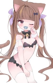 1girl ahoge animal_ears bell bikini black_bikini black_bow black_bowtie black_bra blunt_bangs blush bow bowtie bra breasts brown_eyes brown_hair cat_ears cat_girl cat_tail collar cowboy_shot detached_collar detached_sleeves feet_out_of_frame hair_bow hair_ribbon hand_on_own_thigh hand_up jingle_bell loli long_hair looking_at_viewer navel neck_bell nocchi_(r_ws2l) one_eye_closed original pacifier panties paw_pose pink_ribbon ribbon scrunchie sidelocks simple_background small_breasts solo swimsuit tail thighhighs twintails underwear very_long_hair white_background white_thighhighs wrist_cuffs wrist_scrunchie