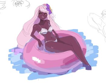 1girl big_hair bikini breasts cleavage crossed_legs curvy dark-skinned_female dark_skin full_body grin hair_ornament hat highleg highleg_bikini highres innertube jacinthe_(pokemon) long_hair long_legs lying marnie_(marnielovesyou) mini_hat navel nintendo on_back pink_hair pokemon pokemon_legends:_z-a simple_background sketch smile swim_ring swimsuit very_long_hair water white_bikini