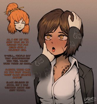 2girls artist_name blush breasts brown_hair chest_tattoo cleavage closed_mouth collarbone collared_shirt commentary dark-skinned_female dark_skin earrings english_commentary english_text facial_scar floral_print floral_print_kimono grey_background hair_ornament hair_stick hand_on_another's_cheek hand_on_another's_face hand_on_another's_head headpat highres irezumi ishmael_(project_moon) jacket jacket_on_shoulders japanese_clothes jewelry kimono kurokumo_clan_(identity)_(project_moon) leoderorero limbus_company long_sleeves medium_breasts multiple_girls open_mouth orange_hair outis_(project_moon) print_kimono project_moon ringed_eyes scar scar_on_cheek scar_on_face shirt short_hair simple_background smile tattoo tongue tongue_out white_shirt wide_sleeves yellow_eyes yuri