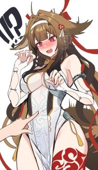 !? 1girl @_@ ahoge breasts brown_hair china_dress chinese_clothes cloud_print clover_hair_ornament commentary_request covered_navel cowboy_shot dress droopy_ears flustered gradient_hair hair_ornament headband highres leg_tattoo medium_breasts multicolored_hair poking red_eyes ribbon ruaruayana see-through_clothes sleeveless tail tassel tattoo white_background ye_shunguang zenless_zone_zero