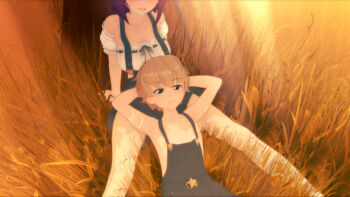1boy 1girl anna_anon bare_shoulders cowgirl_outfit farm farmer grass grasslands lap_pillow miniskirt resting sitting skirt tree