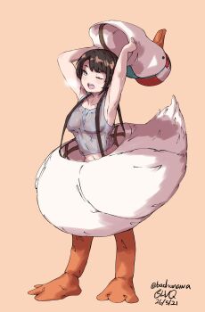 1girl absurdres animal_costume arms_up bachunawa blue_eyes breasts brown_hair commentary dated duck_costume english_commentary highres hololive midriff_peek navel one_eye_closed oozora_subaru open_mouth removing_costume short_hair simple_background solo steam sweat sweaty_clothes swept_bangs tank_top upper_body virtual_youtuber