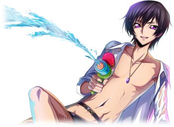 1boy code_geass code_geass:_lost_stories f4samurai game_cg happy holding jewelry lelouch_vi_britannia looking_at_viewer male_focus necklace official_art open_clothes open_mouth shirt smile solo swimsuit teeth water white_shirt