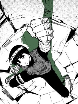 Rule 34 | 1boy, bandaged arm, bandaged hand, bandaged leg, bandages, black bodysuit, black hair, blunt bangs, bodysuit, bowl cut, clenched hands, crack, cracked floor, fighting stance, flak jacket, hand up, highres, jacket, leg warmers, m0 mo momo, male focus, naruto (series), open-toe shoes, open mouth, raised fist, rock lee, solo, thick eyebrows