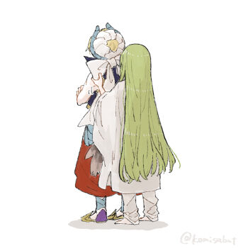 Rule 34 | 1boy, 1other, adjusting bow, androgynous, barefoot, blonde hair, bow, commentary request, enkidu (fate), fate/grand order, fate (series), from behind, full body, gilgamesh, gilgamesh (caster) (fate), gilgamesh (fate), green hair, komisabut, long hair, pants, robe, shadow, simple background, standing, twitter username, very long hair, white background, white bow, white pants, white robe