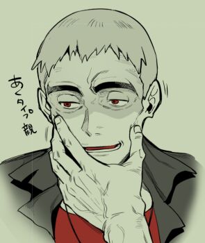 1boy cheekbones jacket jewelry large_hands male_focus nanu_(pokemon) nazuka_jyo necklace nintendo old old_man open_mouth pokemon pokemon_sm red_eyes shaded_face short_hair simple_background solo thick_eyebrows thinking translation_request veins veiny_hands